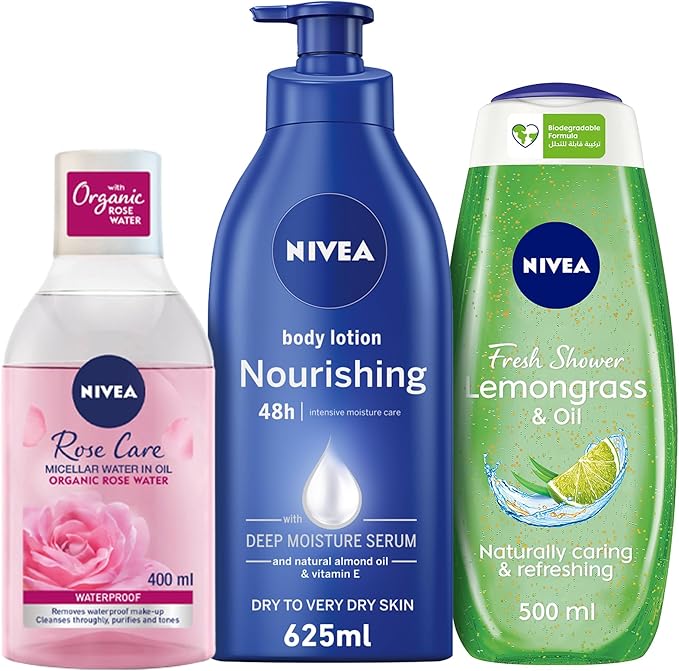 نيفيا حزمة العناية بالجسم من نيفيا: جل الاستحمام ليمونغراس وزيت 500 مل + ماء الوجه الميسيلار، مزيل المكياج، العناية بالورد، 400 مل + لوشن للجسم، مغذي، 625 مل - Image 2